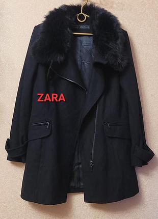Новое шерстяное пальто zara чёрное мл с мехом косуха воротник стойка