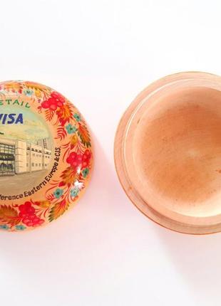 Круглая деревянная шкатулка visa приватбанк с петриковской росписью3 фото