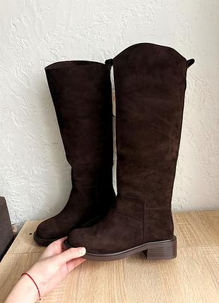 Сапоги чоботи осінні жіночі осінь демі демісезонні шоколадні коричневі шоколад сапоги осенние замшеві з натуральної замші замшевые сапожки жокейки
