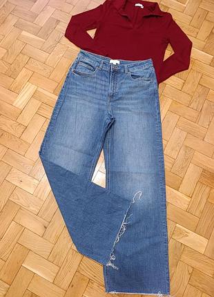 Синие широкие джинсы женские, джинсы высокой талией h&amp;m 42, синие стильные женские брюки,широкие прямые джинсы hm
