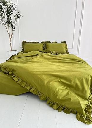 Постільна білизна з рюшами сімейний 150х210 (2 шт) бязь gold luxe на гумці 200х200х20 наволочки 50х70 хакі