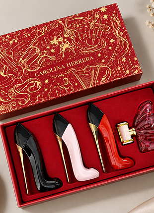Подарунковий набір міні парфумів carolina herrera good girl 4 по 30 мл туфелька чорна біла червона метелик подарунок для жінки набор подарочний духов