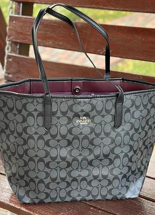 Сумка женская шоппер coach city tote in signature canvas black кожа коач сумка черная