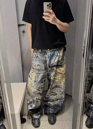 Джинси s,l жіночі широкі y2k baggy з принтом графіті вінтажні сірі блакитні