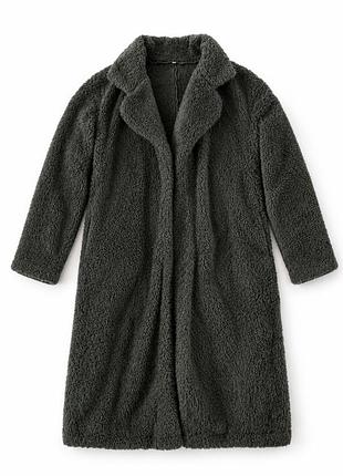 Жіноче плюшеве пальто (teddy coat) хакі  темно-зеленого кольору з об'ємним коміром-лацканом та м'якою текстурою
