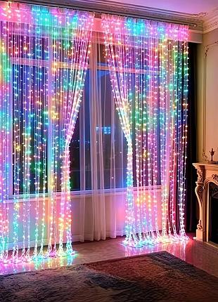 Светодиодная гирлянда-штора 200 led разноцветная на батарейках с 8 режимами свечения 3х2 м
