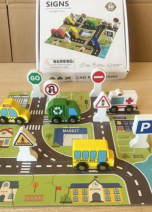 Розвиваюча дерев'яна іграшка для малюків smart player "дерев'яні знаки дорожнього руху з машинами"