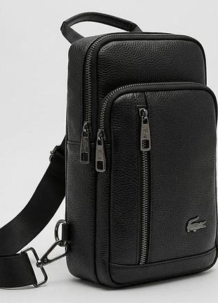 Чоловіча сумка lacoste чорного кольору, барсетка лакоста слінг, брендова сумка слінг lacoste зі шкіри