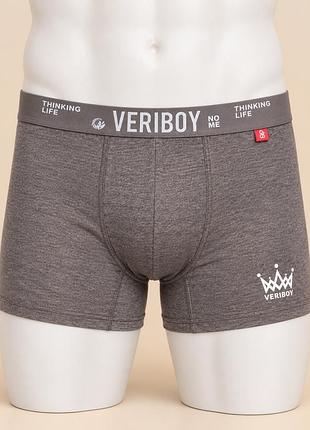 Мужские трусы-боксеры veriboy 3xl серо-коричневый меланж с широкой резинкой и принтом короны