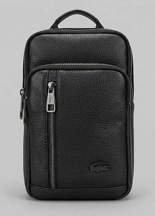 Чоловіча сумка lacoste чорного кольору, барсетка лакоста слінг, брендова сумка слінг lacoste зі шкіри