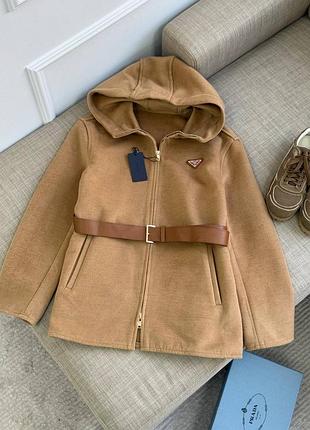 Пальто кофта з поясом зіп з капюшоном prada