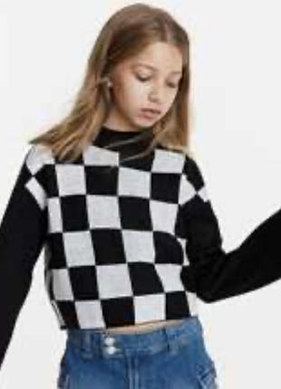 Светр для дівчинки h&m укорочений чорно-білий у клітинку, розмір 146-152