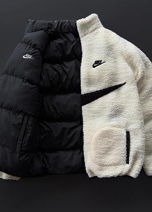 Двусторонняя куртка nike зимняя с овчиной, теплый пуховик nike черный белый, зимняя куртка найк l