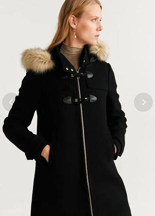 Утеплене пальто парка жіноче mango чорне з капюшоном та хутром, шерсть 50%