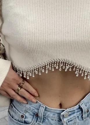 Укорочена кофта з бахромою зі стразів від zara