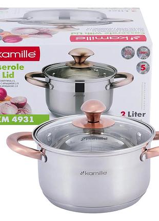 Кастрюля с крышкой kamille 2л из нержавеющей стали и полыми ручками для индукции и газа km-4931