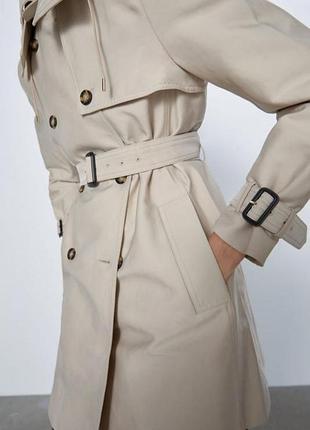 Класичний бежевий двобортний тренч плащ zara з капюшоном