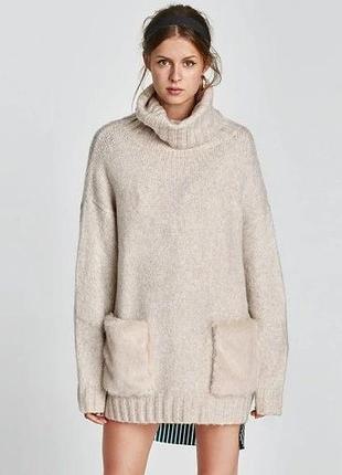 Теплий светр з альпакою  zara  оверсайз з накладними кишенями з хутра
