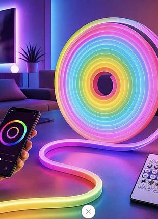 Розумний гнучкий світлодіодний led неон rgb з керуванням з телефону bluetooth/wi-fi + пульт, смарт неонова стрічка 5м