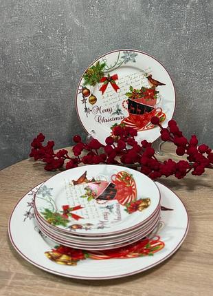Набір новорічних тарілок yiwu merry christmas порцелянових 26.5/19 см 7 предметів білий із червоним hp-sdhk-13