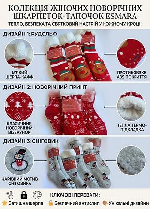 Новорічні жіночі шкарпетки-тапочки esmara на хутрі шерпа з гальмами abs, теплі зимові термошкарпетки з оленями та сніговиками