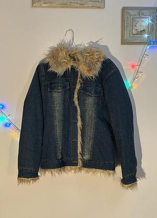 Вінтажна джинсова куртка y2k з хутряною обробкою rosary jeans