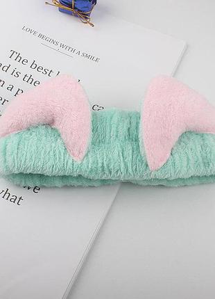 Повязка для умывания, макияжа плюшевая с ушками котика зеленый