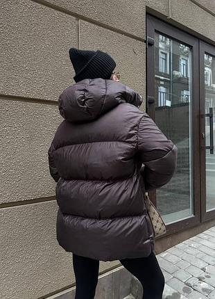 Женский пуховик пуфер с капюшоном на биопух с поясом 8