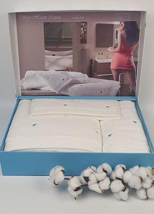 Рушники махрові подарунковий набір 3 шт 100% бавовна 30×50 50×100 85×150 см maison d'or soft hearts cotton біло-блакитні
