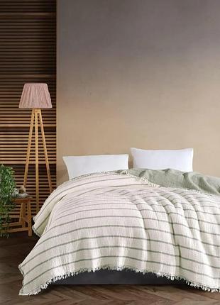 Покривало муслінове на ліжко 100% бавовна 230×250 см saheser striped м’ятне