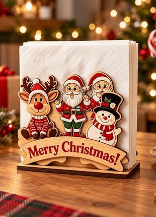Держатель для салфеток деревянный новогодний санта клаус снеговик олень merry christmas