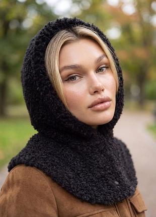 Жіночий капор teddy angora з екохутра на флісі з коміром чорний