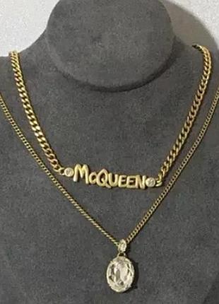 Двухрядный сотуар-колье alexander mcqueen gold double chain skulls & safety pins с лого и кристалом люкс качес