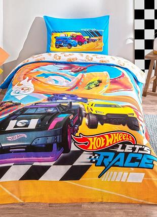 Постельное белье подростковое ранфорс 100% хлопок 160×220 см tac hot wheels let's race желтая голубая