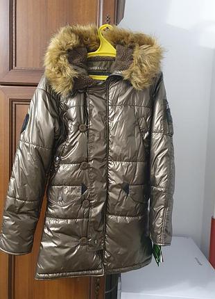 Куртка жіноча зимова металік/бронзовий хакі з капюшоном та хутром alphaindustries