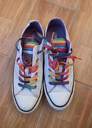 Кеди жіночі converse all star білі з райдужними шнурками, 39 розмір