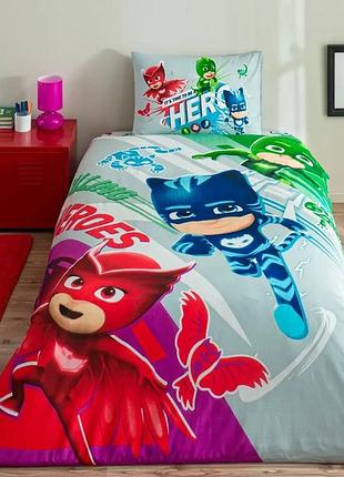 Постельное белье подростковое ранфорс 100% хлопок 160×220 см tac pj masks super team серая зеленая