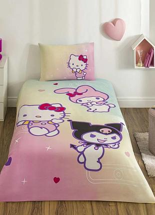 Постільна білизна підліткова ранфорс 100% бавовна 160×220 см tac hello kitty friends рожева