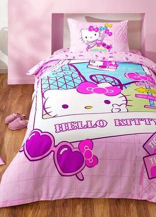 Постільна білизна підліткова ранфорс 100% бавовна 160×220 см tac hello kitty travel рожева