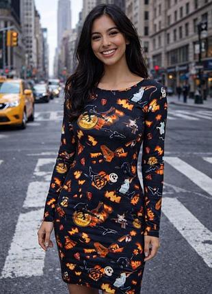 🧡🍁🦇 чорна сукня з гарбузиками і кажанами / сукня halloween плаття геловін 🖤 святкова сукня хелоуін хеловін