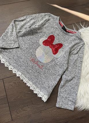 Сіра кофта лонгслів для дівчинки 4 роки 5 років 104 см 110 см  з паєтками лелітками  мінні маус віскоза в садок