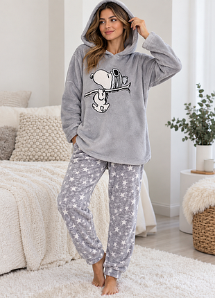 Женская флисовая пижама с капюшоном snoopy, серая р. м