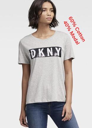 Стильна жіноча футболка з паєтками принт-перевертень dkny made in india 💯 оригінал