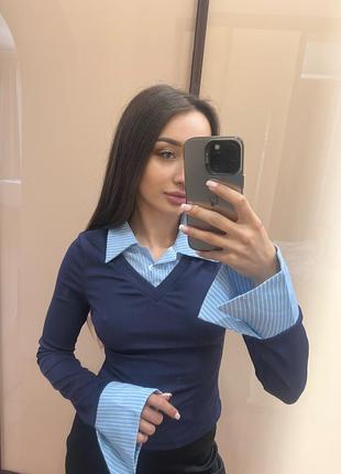 Синя блуза з вставками сорочки
