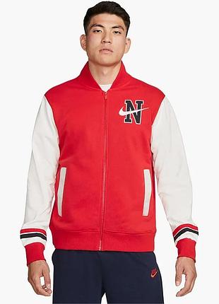 Оригінал спортивний бомбер чоловічий nike retro varsity red/white dz2551-657 оригинал найк кофта на замку спортивна для прогулянок осінь демісезон l
