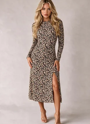 Сукня міді леопардова 🐆 стильна трикотажна 🐆 river island 🐆 обтисла та приталена з модним розрізом і довгим рукавом вечірнє святкове плаття