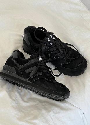 Кросівки унісекс new balance 574 total black fur на хутрі