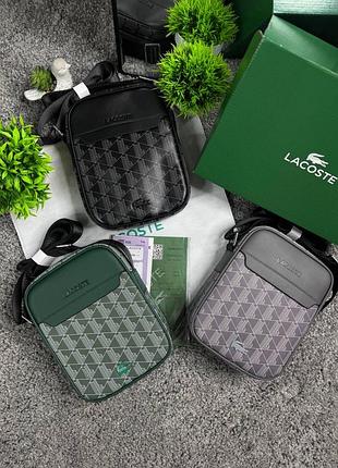 Чоловіча сумка lacoste месенджер чорний, зелений, сірий з екошкіри 24x16 см