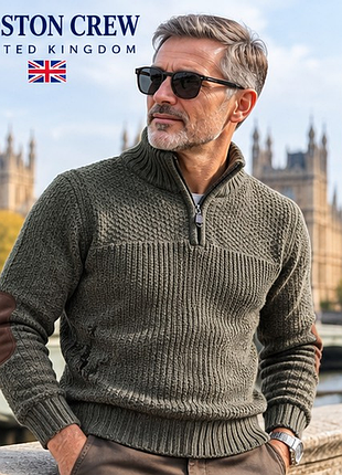 Чоловічий теплий светр boston crew george 🇬🇧 | масивна в'язка, комір на блискавці, налокітники | розмір 48 m
