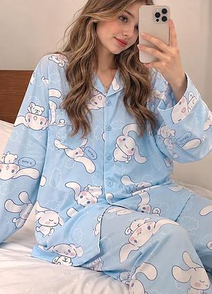 Пижама подростковая cinnamoroll сенаморол голубая с принтом аниме рубашка на пуговицах и штаны домашний костюм